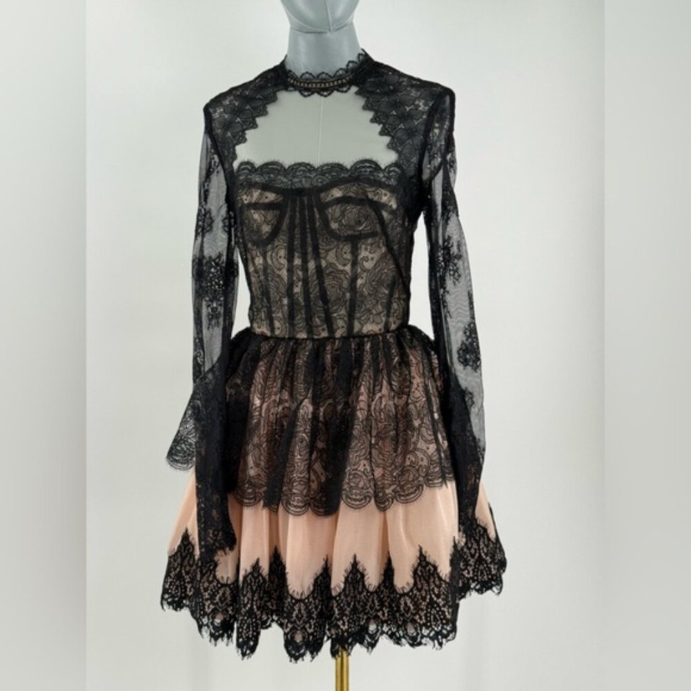 🆕 BRONX & BANCO 🧿 NWOT Daphne Illusion Lace Long Sleeve Mini Dress, Sz XS US 2 - Picture 2 of 14